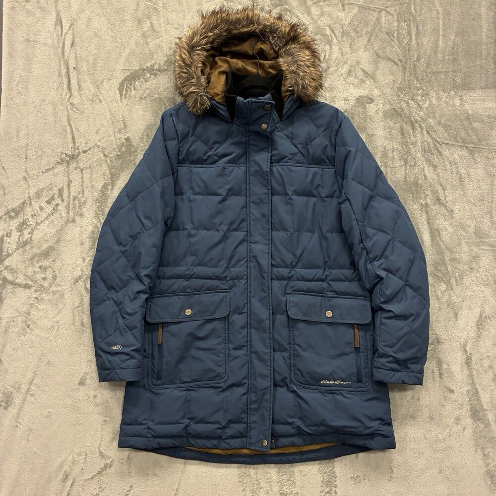 Eddie Bauer EB550 Down Puffer Parka Women's L Faux Fur Hooded Coat Blue Pockets